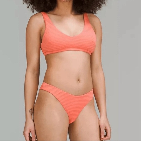 Lululemon Smocked Skimpy Fit Swim Suit Bikini Top Bottom Size 8 A/B Cup Apricot - Picture 1 of 12